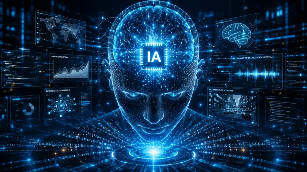 Representação futurista da Inteligência Artificial processando grandes volumes de dados em uma rede neural digital.