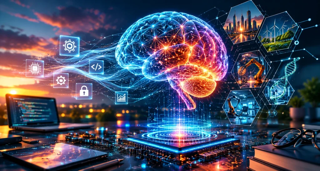 lustração de machine learning e inteligência artificial aplicada à análise de dados e automação de processos.