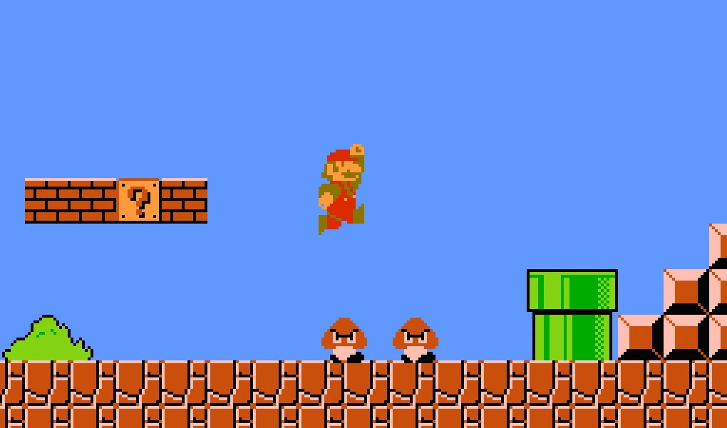 Cena clássica de Super Mario Bros no Nintendo Entertainment System (NES), um dos jogos mais influentes da era dos 8 bits.