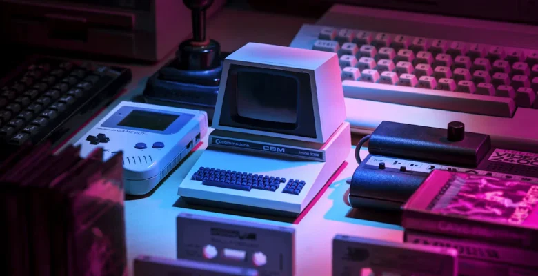 Consoles, computadores e acessórios clássicos que representam a evolução dos videogames desde as primeiras gerações até a era moderna.