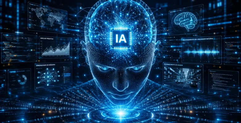 Representação futurista da Inteligência Artificial processando grandes volumes de dados em uma rede neural digital.